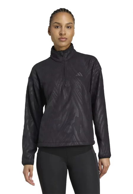 Фитнес блуза с десен и къс цип - Черен