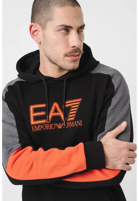 Худи с лого и джоб кенгуру - Черен/Сив/Оранжев