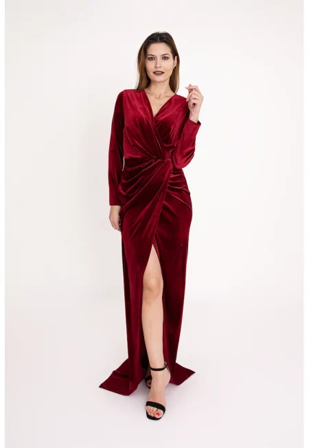 Кадифена рокля Ravenna със застъпен дизайн - Бордо