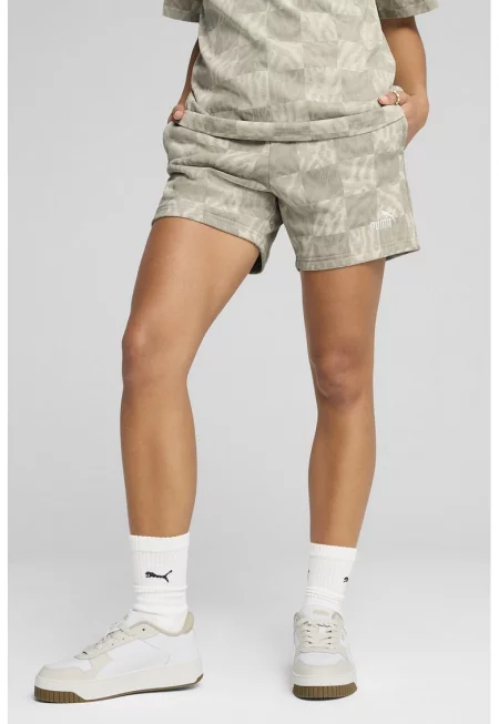 Къс панталон с принт и връзка - Светло бежово