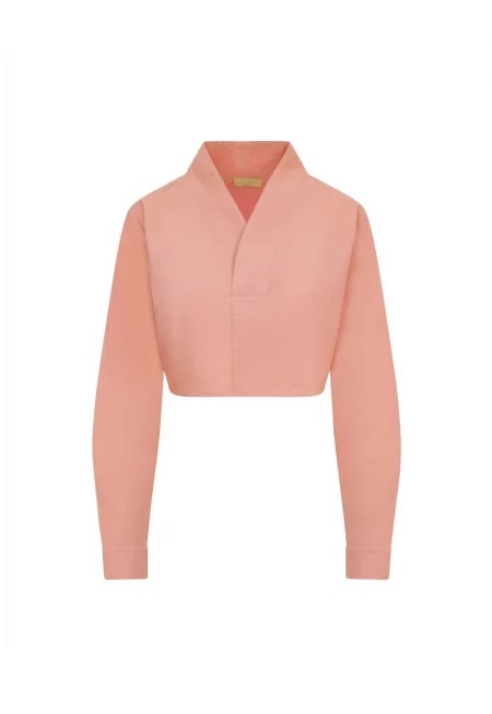 Къса блуза с дълги ръкави и шпиц - Розово -