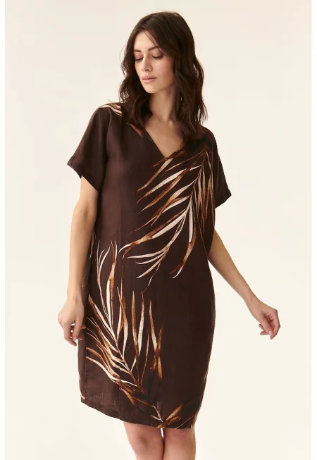 Къса пола от лен с тропическа шарка - Тъмнокафяв/Канелено кафяво