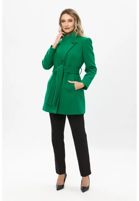 Късо палто с вълна и връзка - Зелен