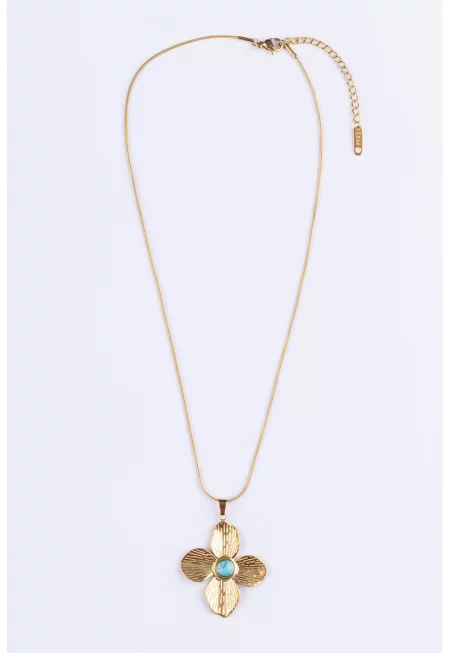 Колие от неръждаема стомана с 18К златно покритие - Златист - Тюркоаз