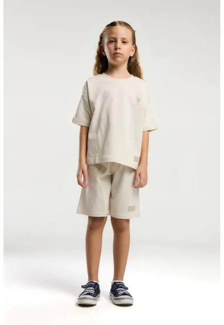 Комплект от тениска и шорти с памук - лого - 2 части - Светло бежово