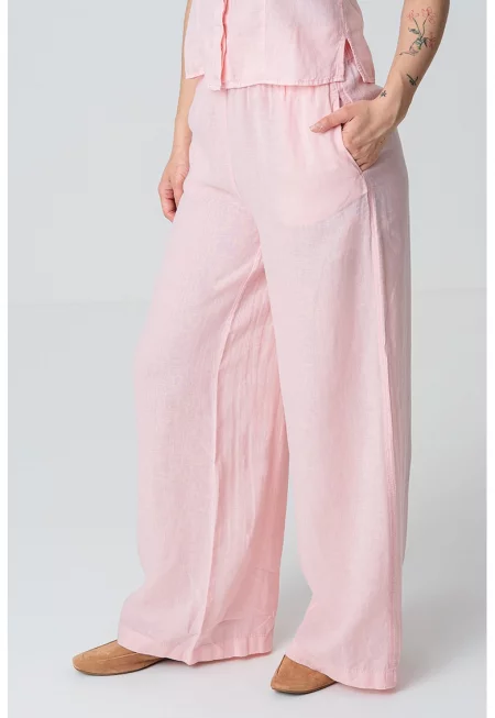Ленен панталон с еластична талия и широк крачол - Светлорозов