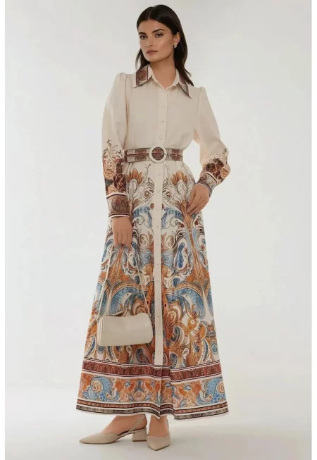 Макси рокля  дълъг ръкав - щампа - текстил