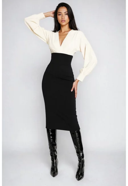 Миди рокля с шпиц - Слонова кост/Черен