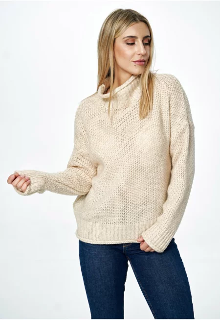 Оувърсайз пуловер -  висока яка - бежов - плетен материал с вълна - Един размер