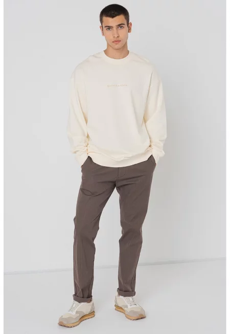 Памучен суитшърт с овално деколте - Крем