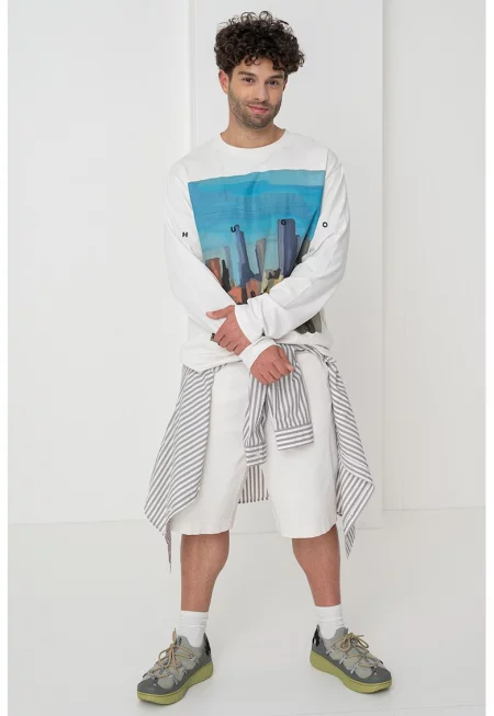 Памучна блуза - Мръснобял/Син