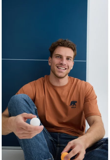 Памучна тениска Alves с овално деколте - Бежов