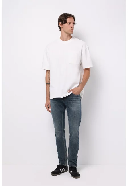 Памучни слим дънки със средна талия - Тъмносин