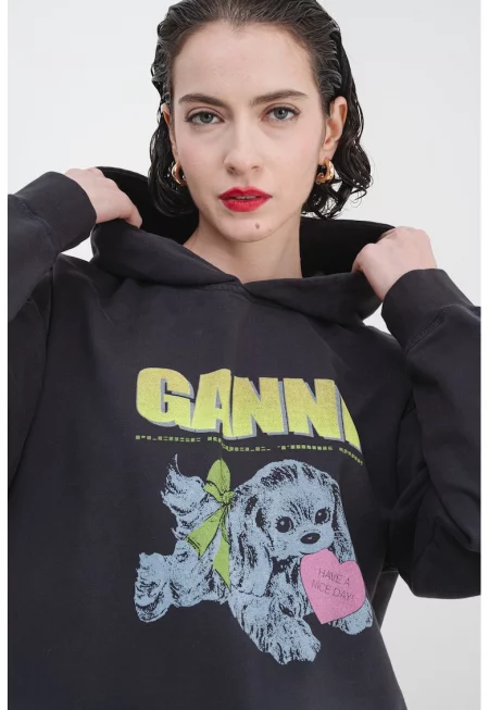 - Памучно худи с принт - Сив/Лайм зелено/Антрацитно сиво