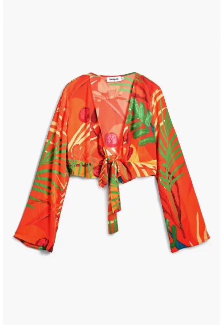 Плажна къса блуза с принт и възел - Червен/Зелен/Мандарина