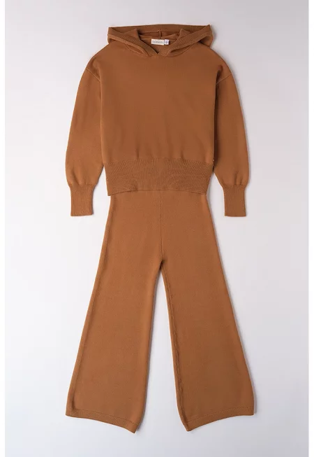 Плетено худи и панталон с широк крачол - Карамел