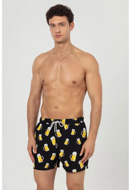 Плувни шорти с принт и джобове - Бял/Черен/Шафраново жълто