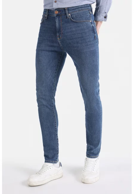 Прилепнали дънки със захабен ефект - Син