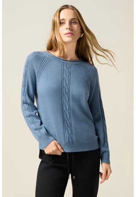Пуловер с вълна с плетка осморка - Прашно синьо