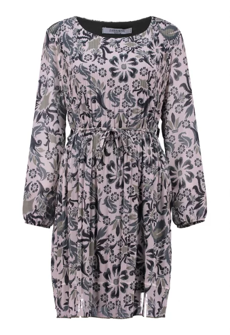 Разкроена флорална рокля - Избеляло черно/Бледо каки/Прашно розово