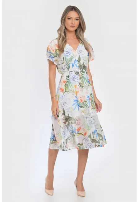 Разкроена флорална рокля - Зелен/Слонова кост