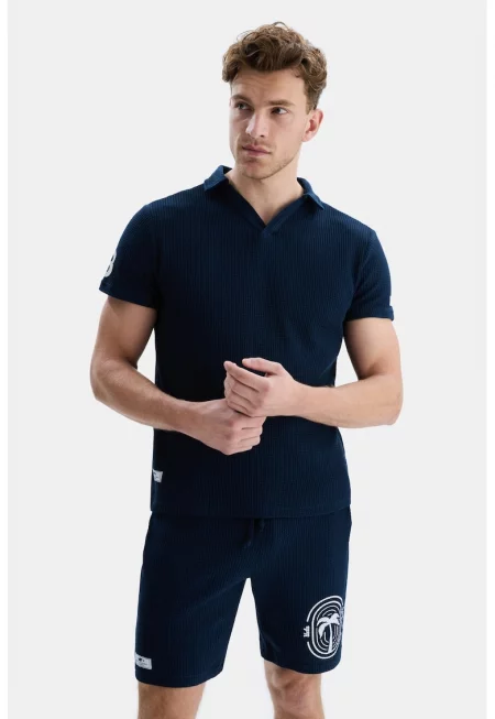 Релефна тениска Russel с яка - Тъмносин