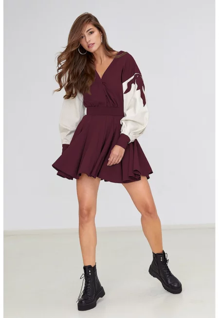 Рокля Marvel с цветен блок и колан - Тъмновиолетов