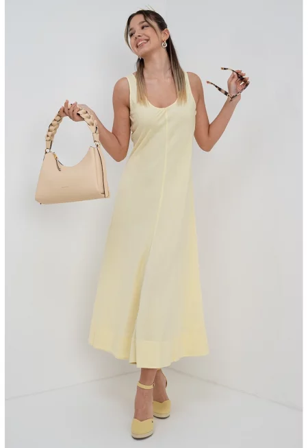 Рокля с лен и овално деколте - Жълт