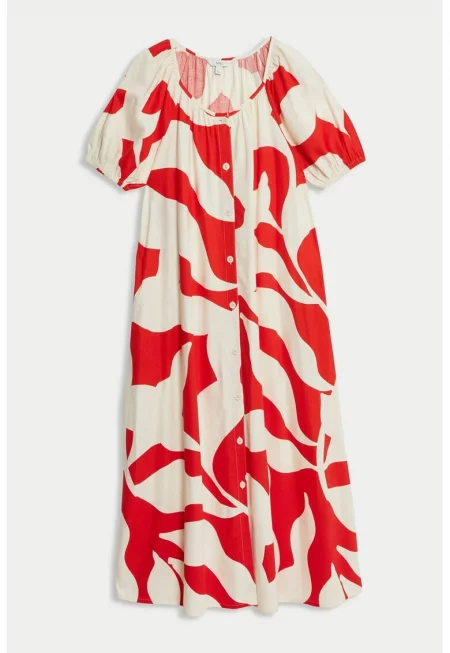 Рокля с лен с копчета - Червен/Слонова кост