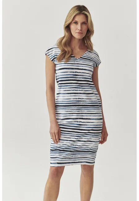 Рокля с шпиц и джобове - Бял/Син