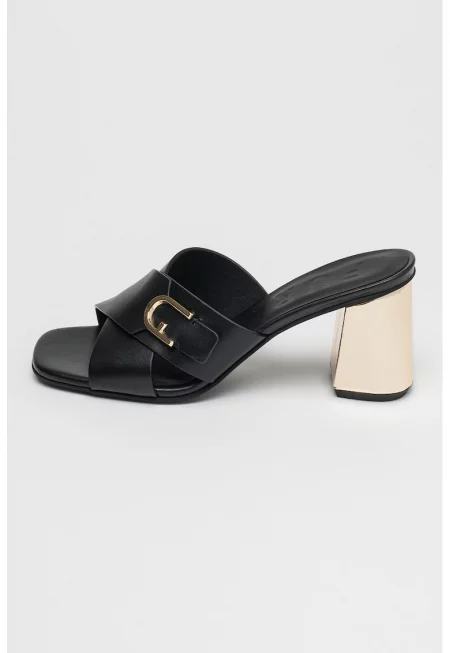 Сандали от кожа и еко кожа с масивен ток - Златист/Черен