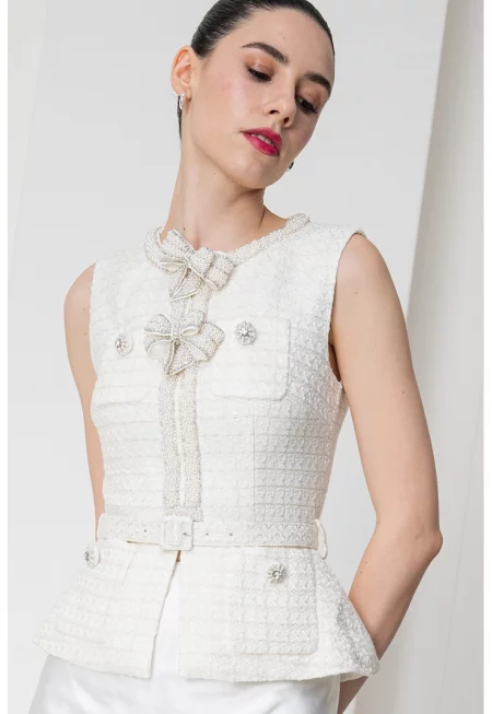 Self Portrait - Миди рокля с мъниста - Крем/Сребрист/Светло бежово