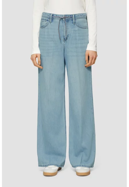 Широки дънки с връзка на талията - Светлосин
