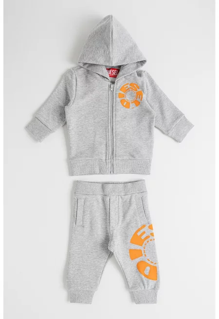 Спортен екип с цип и качулка - Сив меланж/Мандарина