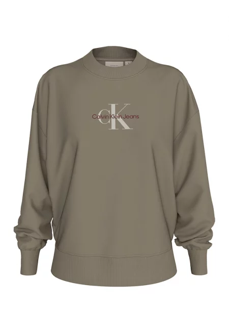 Суитшърт с овално деколте и лого - Каки