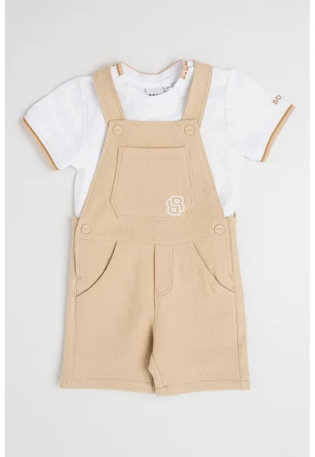 Тениска с памук и гащеризон - Бял/Камел