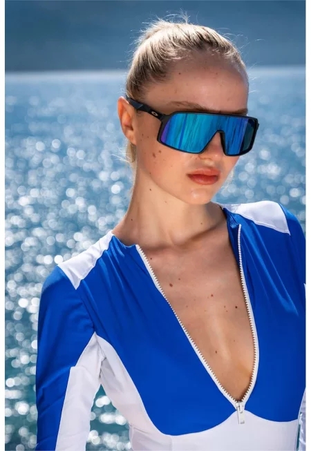 Цял бански с къс цип - Кралско Синьо/Бял