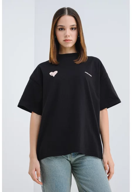 Уголемена тениска с лого - Черен/Прашно розово