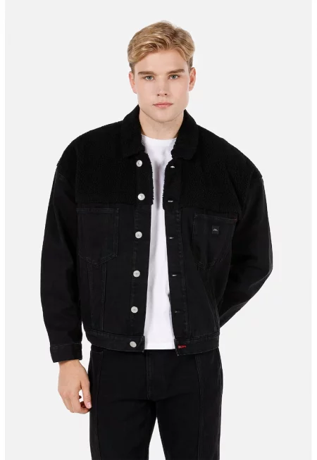 Яке от деним с плюшен детайл - Черен