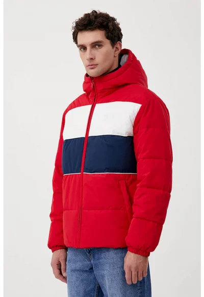Зимно яке с дизайн с цветен блок и качулка