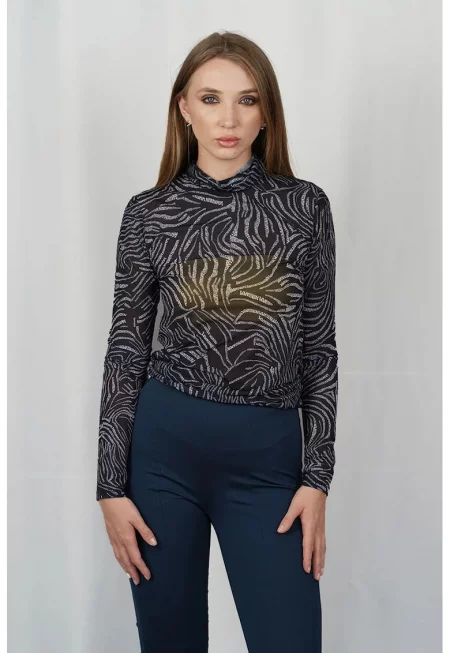 Блуза с висока яка с принт - леко прозрачна с включено контрастно бюстие - Черен