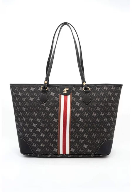 Чанта Tote от еко кожа с шарка - Черен/Светло бежово