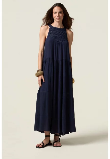 Дълга разкроена рокля с плетена дантела - Ултрамарин синьо