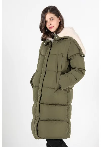 Дълго подплатено зимно яке с капитониран дизайн - Каки