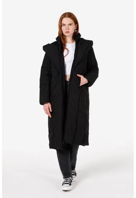 Дълго зимно яке с джобове встрани - Черен