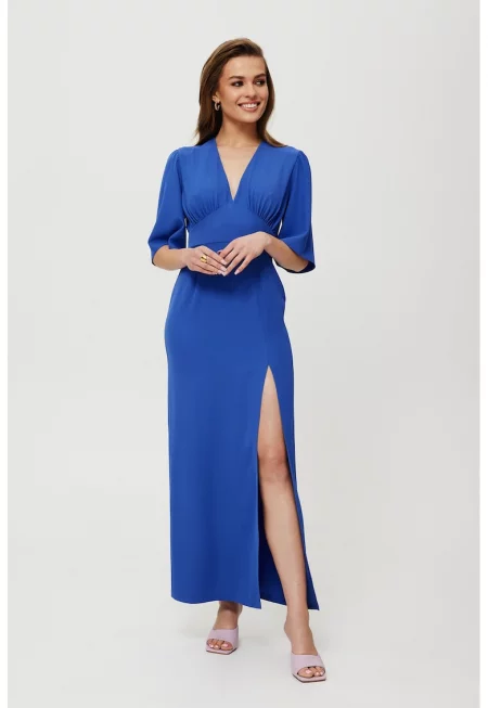 Дамска рокля - макси - разкроена - полиестер - синя