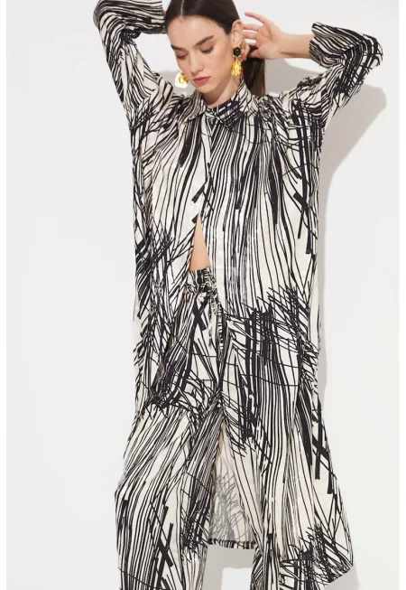 Десенирана рокля с класческа яка - Бял/Черен