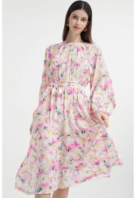 Флорална рокля с шарка и дълги ръкави - Бял/Жълт/Розово