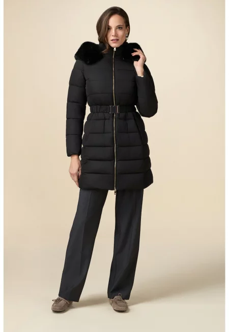 Капитонирано зимно яке с еко пух и колан - Черен