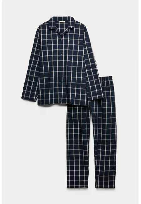 Карирана пижама с копчета - Бял/Тъмносин